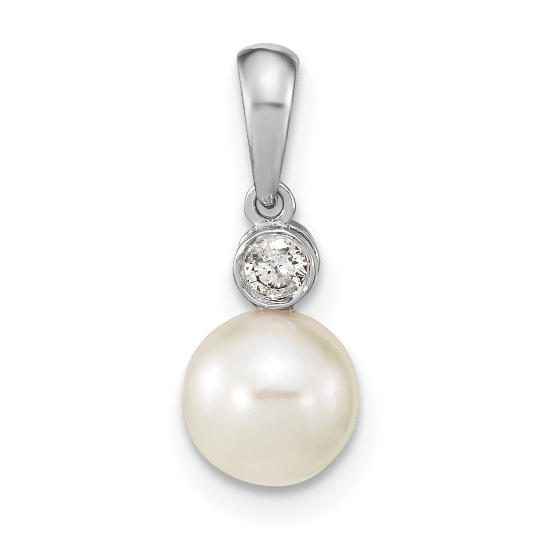 14K White Gold 6-7mm Round White Saltwater Akoya Pearl .05ct. Dia. Pendant-XF784