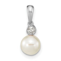 14K White Gold 6-7mm Round White Saltwater Akoya Pearl .05ct. Dia. Pendant-XF784