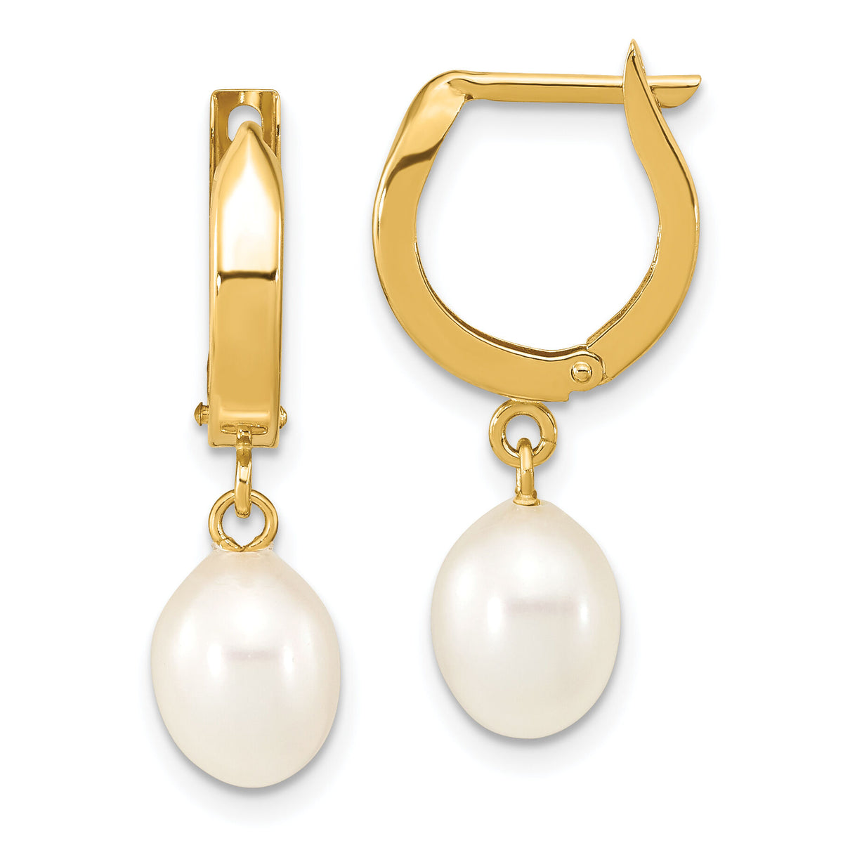 14K 6-7mm Rice White FWC Pearl Hoop Dangle Earrings-XF792E