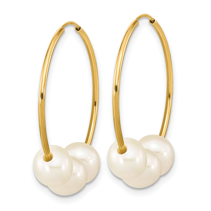 14K 6-7mm Semi-round White FWC Pearl Hoop Dangle Earrings-XF793E