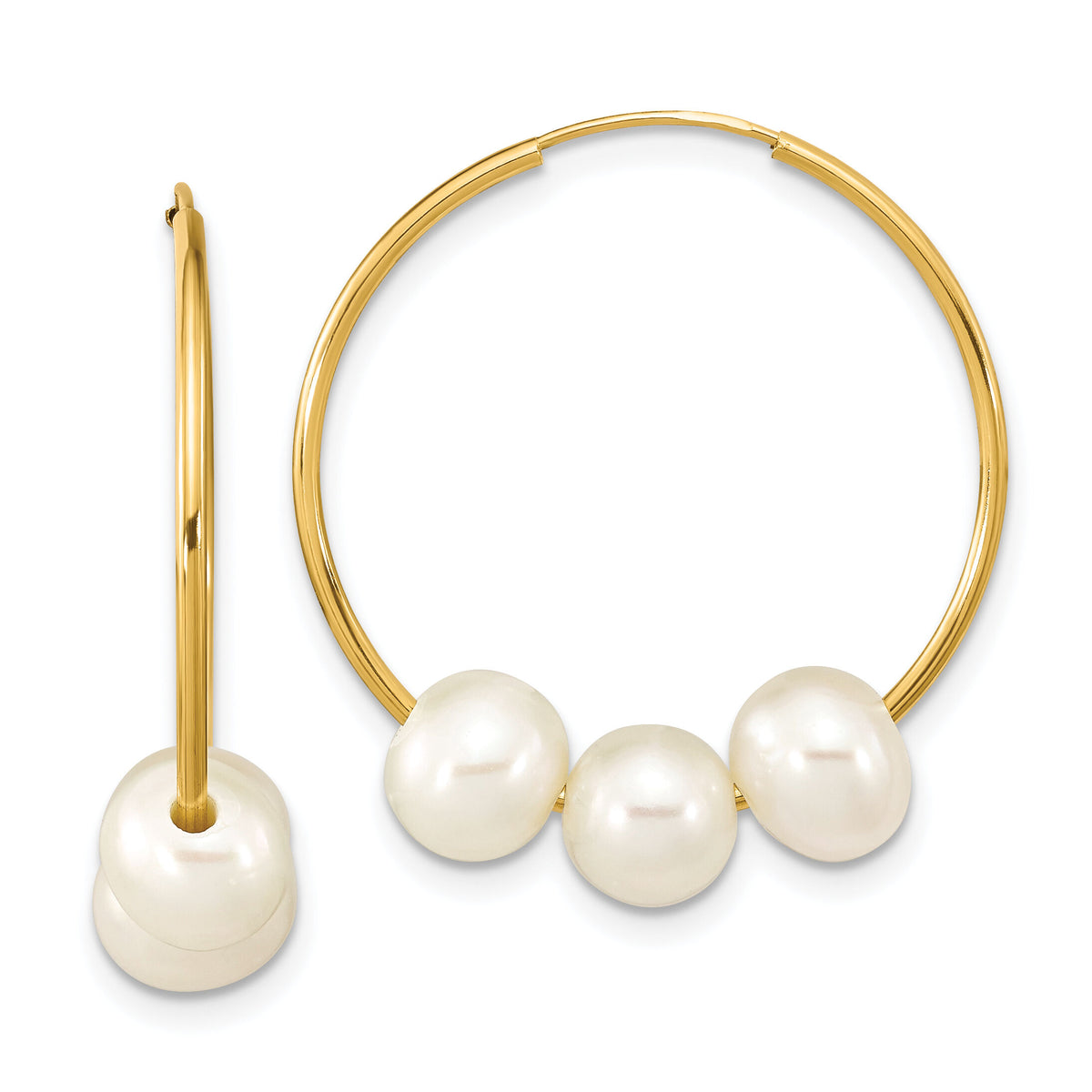 14K 6-7mm Semi-round White FWC Pearl Hoop Dangle Earrings-XF793E