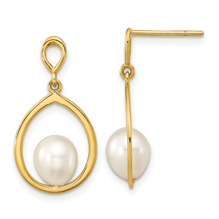 14K 6-7mm Teardrop White FWC Pearl Dangle Earrings-XF799E