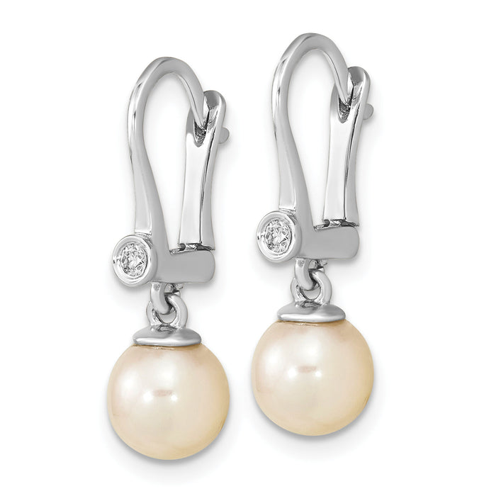 14K White Gold 7-8mm Round White Saltwater Akoya Pearl .05ct Dangle Earring-XF803E