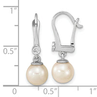 14K White Gold 7-8mm Round White Saltwater Akoya Pearl .05ct Dangle Earring-XF803E