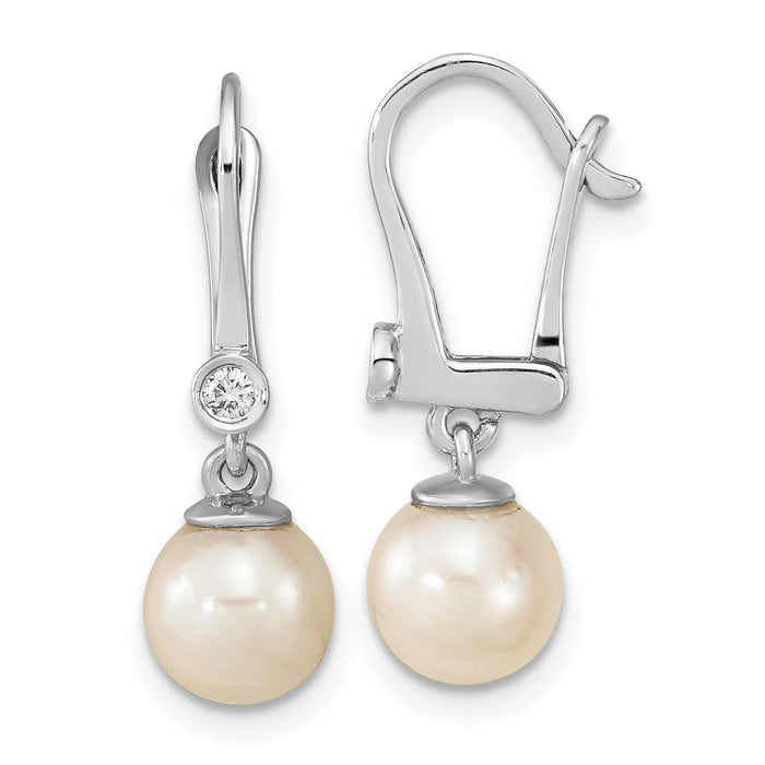 14K White Gold 7-8mm Round White Saltwater Akoya Pearl .05ct Dangle Earring-XF803E