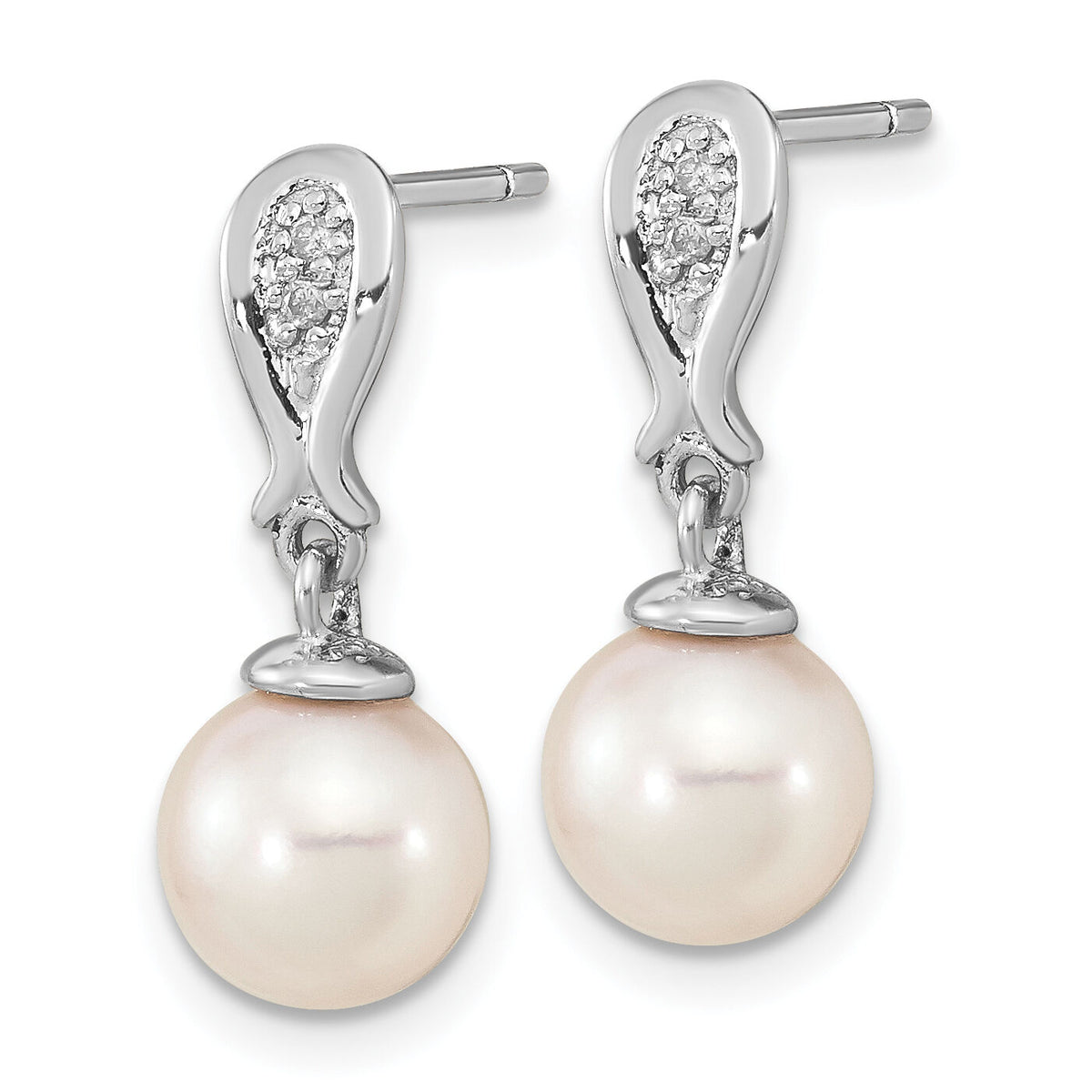 14K WG 7-8mm Round White Saltwater Akoya Pearl .03ct Dia. Dangle Earrings-XF804E
