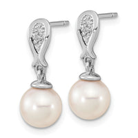 14K WG 7-8mm Round White Saltwater Akoya Pearl .03ct Dia. Dangle Earrings-XF804E
