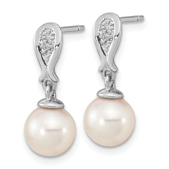 14K WG 7-8mm Round White Saltwater Akoya Pearl .03ct Dia. Dangle Earrings-XF804E