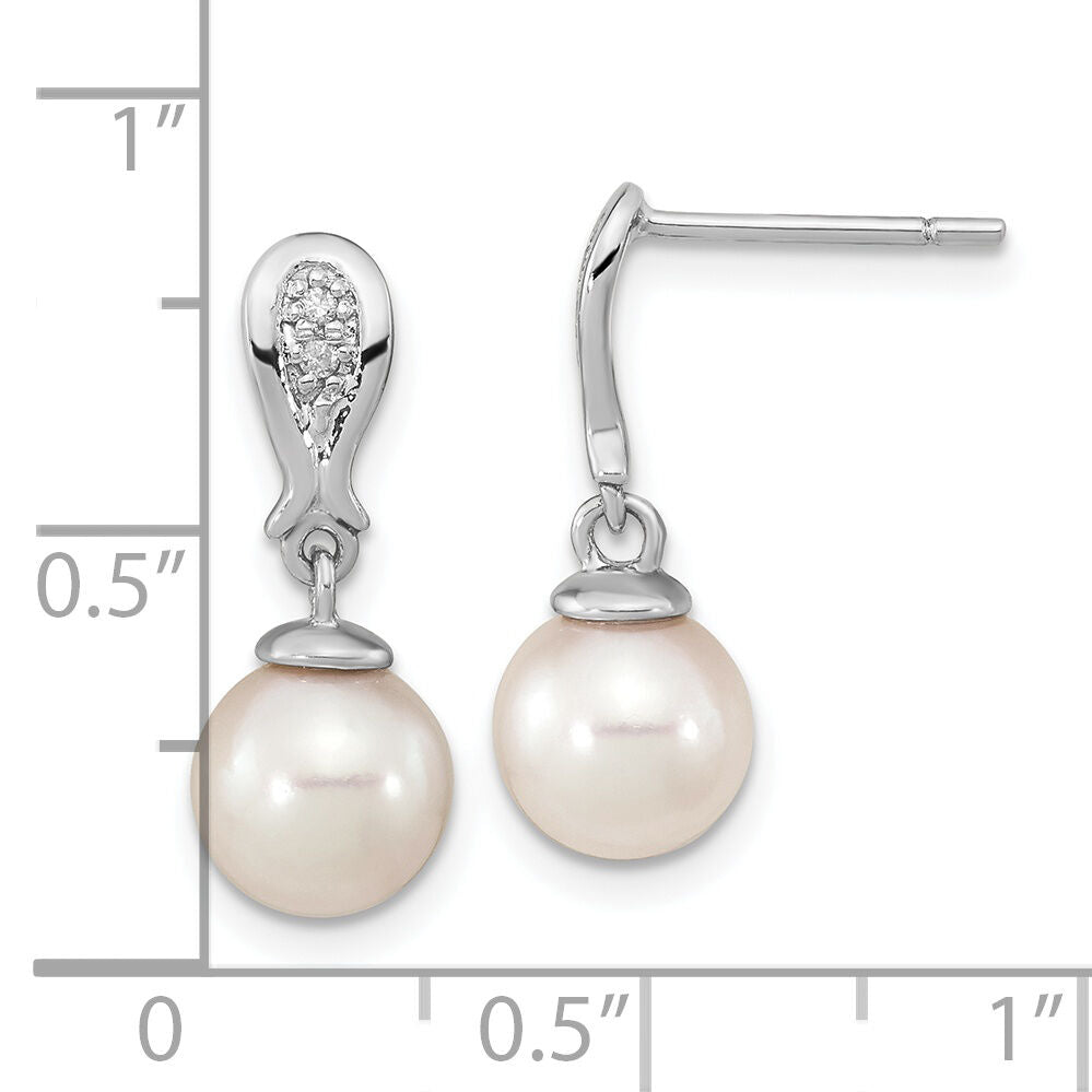 14K WG 7-8mm Round White Saltwater Akoya Pearl .03ct Dia. Dangle Earrings-XF804E