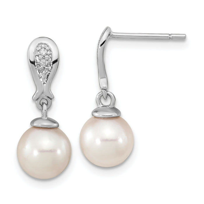 14K WG 7-8mm Round White Saltwater Akoya Pearl .03ct Dia. Dangle Earrings-XF804E