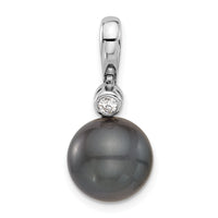 14K WG 11-12mm Round Blk Saltwater Tahitian Pearl .05ct Diamond Pendant-XF809