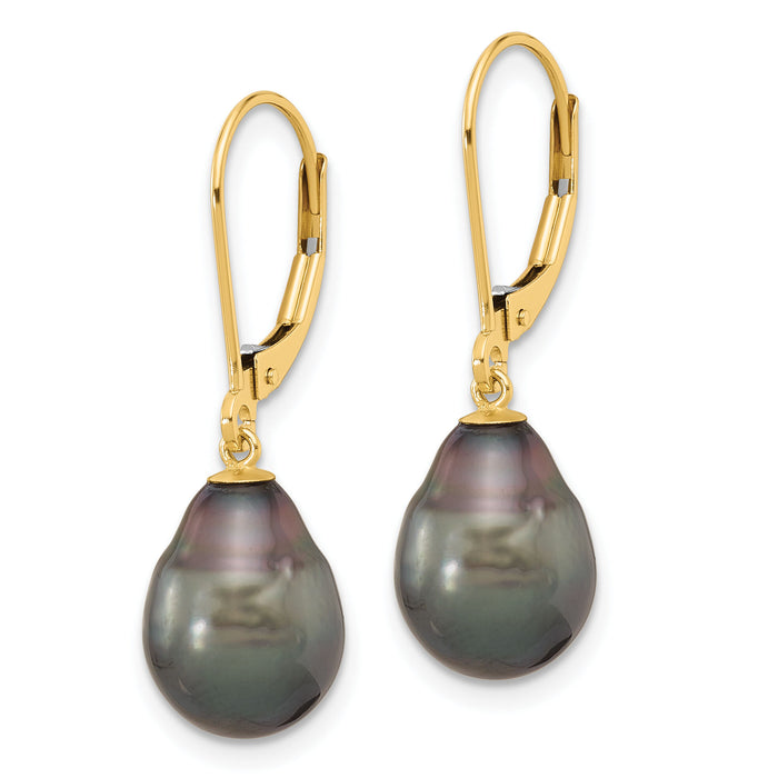 14K 8-9mm Teardrop Blk Saltwater Tahitian Pearl Leverback Earrings-XF811E