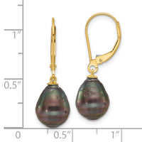 14K 8-9mm Teardrop Blk Saltwater Tahitian Pearl Leverback Earrings-XF811E