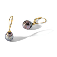 14K 8-9mm Teardrop Blk Saltwater Tahitian Pearl Leverback Earrings-XF811E