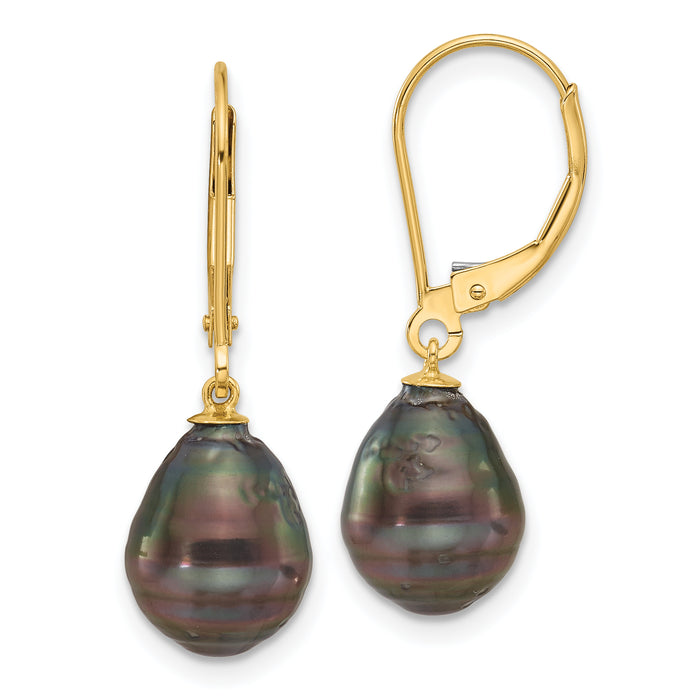14K 8-9mm Teardrop Blk Saltwater Tahitian Pearl Leverback Earrings-XF811E