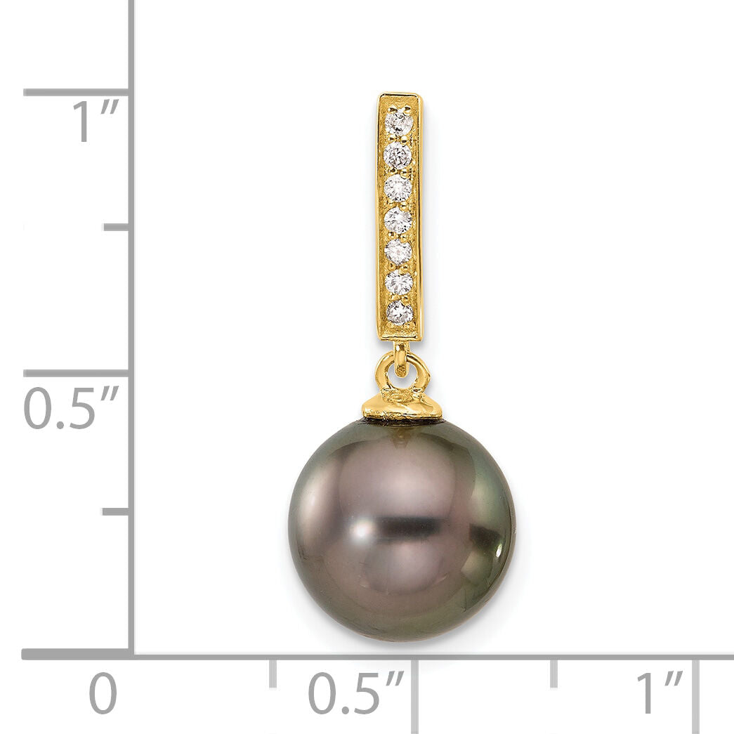14K 10-11mm Round Blk Tahitian Pearl .07ct Diamond Dangle Chain Slide-XF812