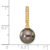 14K 10-11mm Round Blk Tahitian Pearl .07ct Diamond Dangle Chain Slide-XF812
