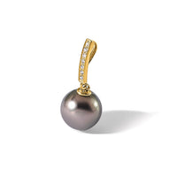 14K 10-11mm Round Blk Tahitian Pearl .07ct Diamond Dangle Chain Slide-XF812