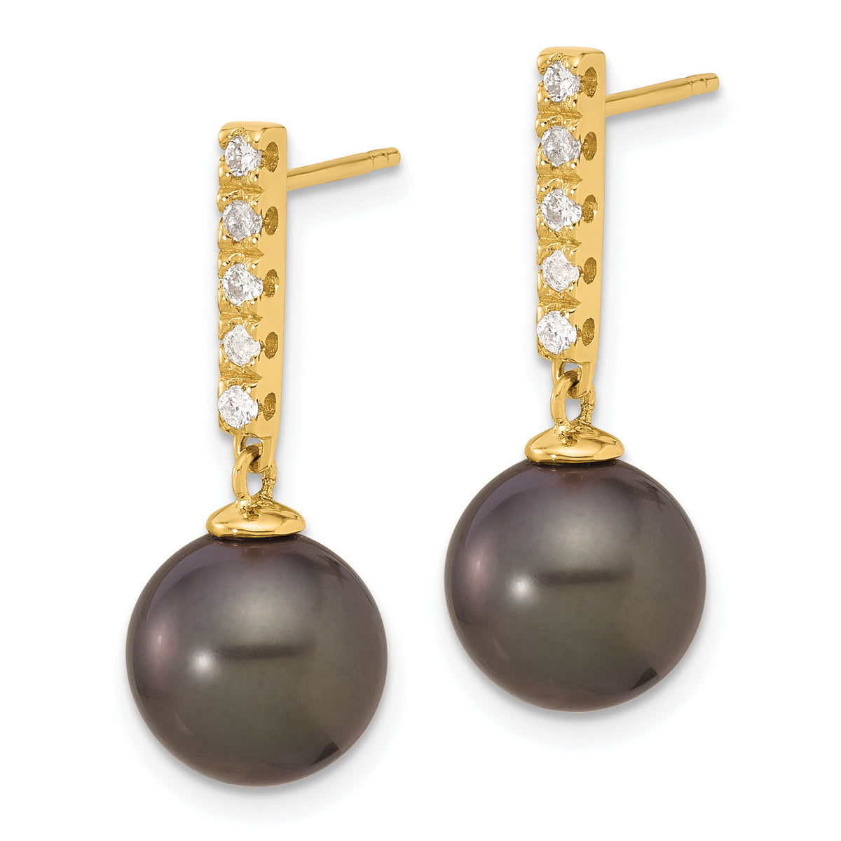 14K 9-10mm Round Black Tahitian Pearl and .20ct Dia Post Dangle Earrings-XF812E