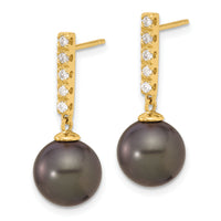 14K 9-10mm Round Black Tahitian Pearl and .20ct Dia Post Dangle Earrings-XF812E
