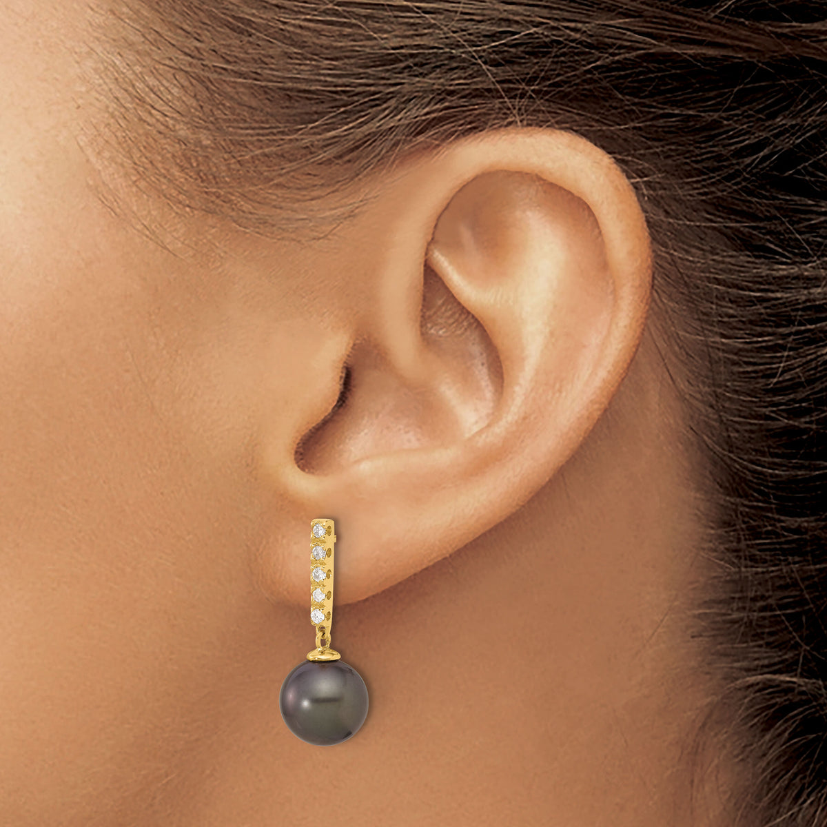 14K 9-10mm Round Black Tahitian Pearl and .20ct Dia Post Dangle Earrings-XF812E