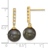 14K 9-10mm Round Black Tahitian Pearl and .20ct Dia Post Dangle Earrings-XF812E