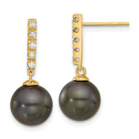 14K 9-10mm Round Black Tahitian Pearl and .20ct Dia Post Dangle Earrings-XF812E