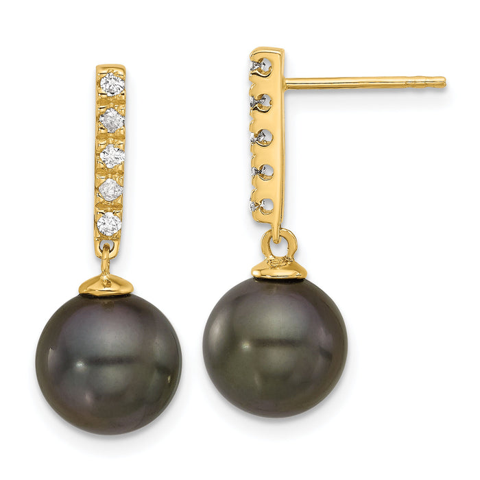 14K 9-10mm Round Black Tahitian Pearl and .20ct Dia Post Dangle Earrings-XF812E