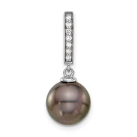 14K White Gold 10-11mm Black Tahitian Pearl .07ct Dia Dangle Chain Slide-XF813