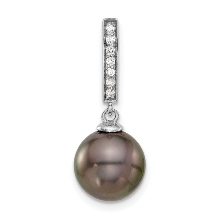 14K White Gold 10-11mm Black Tahitian Pearl .07ct Dia Dangle Chain Slide-XF813