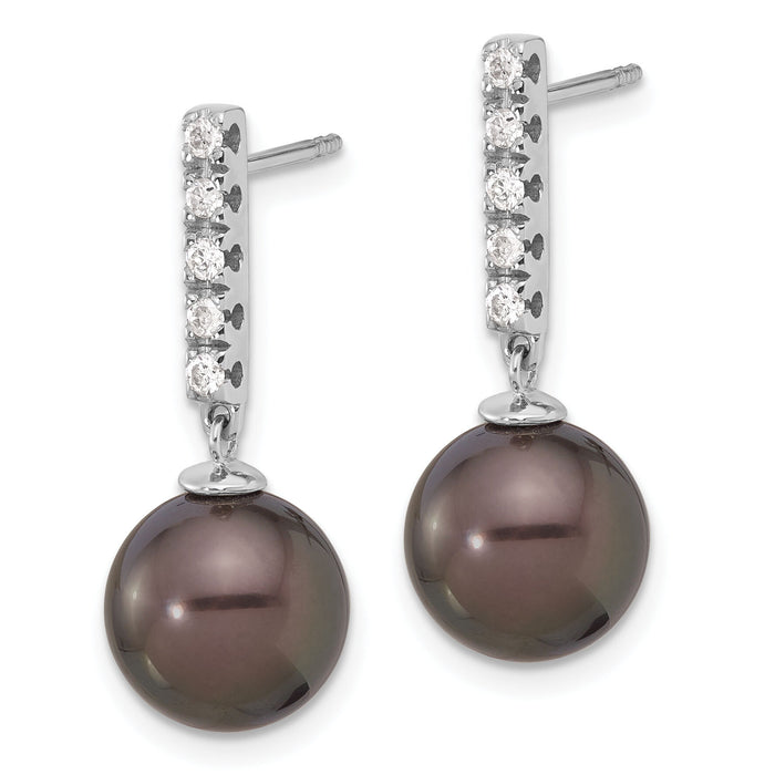 14K White Gold 9-10mm Round Black Tahitian Pearl .20ct Dia Earrings-XF813E