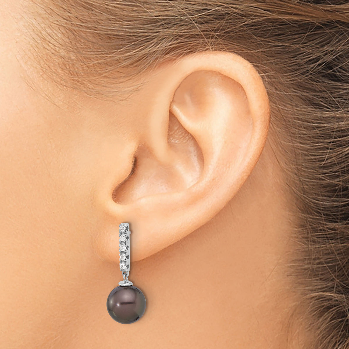 14K White Gold 9-10mm Round Black Tahitian Pearl .20ct Dia Earrings-XF813E