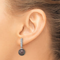 14K White Gold 9-10mm Round Black Tahitian Pearl .20ct Dia Earrings-XF813E