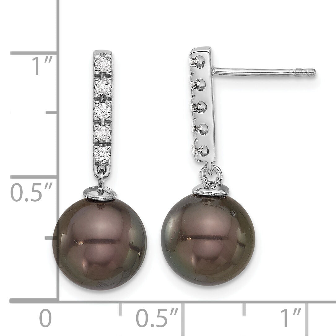 14K White Gold 9-10mm Round Black Tahitian Pearl .20ct Dia Earrings-XF813E