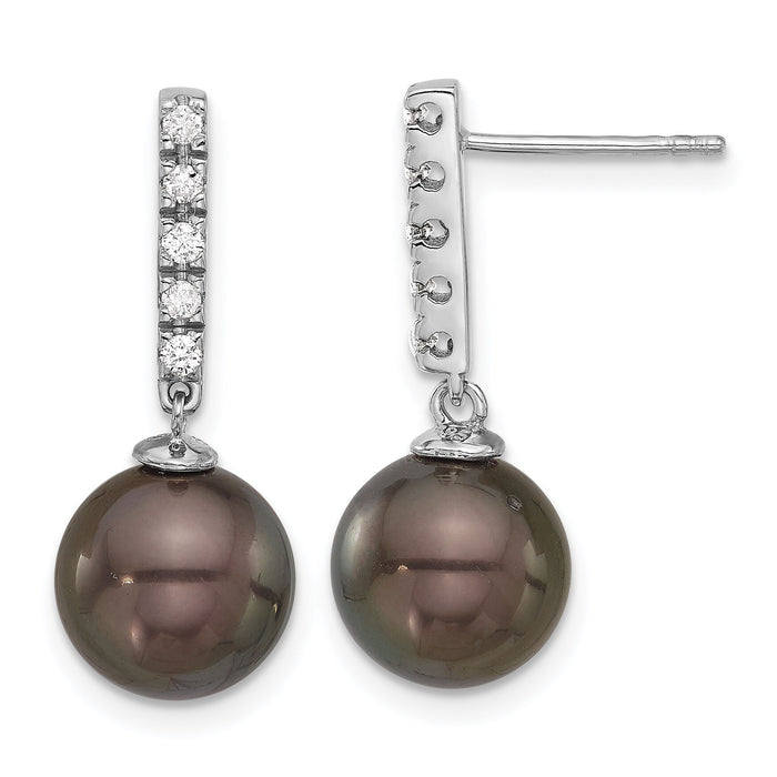 14K White Gold 9-10mm Round Black Tahitian Pearl .20ct Dia Earrings-XF813E