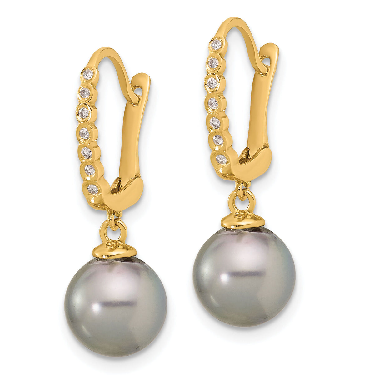 14K 8-9mm Round Black Tahitian Pearl and .07ct Diamond Dangle Earrings-XF814E