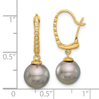 14K 8-9mm Round Black Tahitian Pearl and .07ct Diamond Dangle Earrings-XF814E