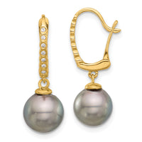 14K 8-9mm Round Black Tahitian Pearl and .07ct Diamond Dangle Earrings-XF814E