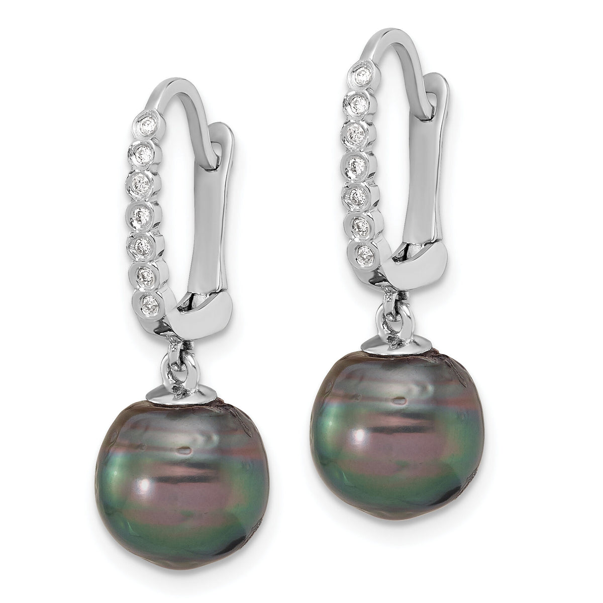 14K White Gold 9-10mm Round Black Tahitian Pearl and .07ct Dia Earrings-XF815E