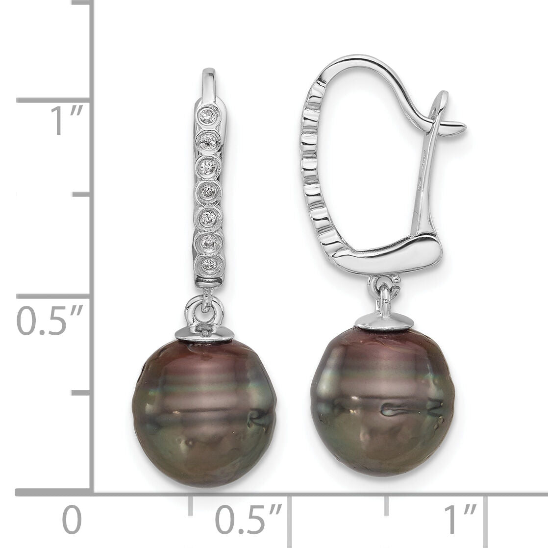 14K White Gold 9-10mm Round Black Tahitian Pearl and .07ct Dia Earrings-XF815E