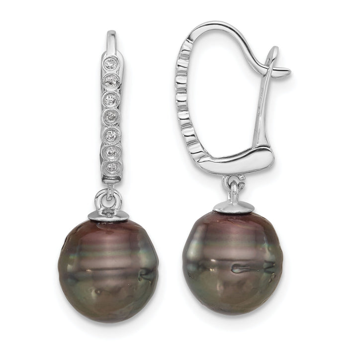 14K White Gold 9-10mm Round Black Tahitian Pearl and .07ct Dia Earrings-XF815E