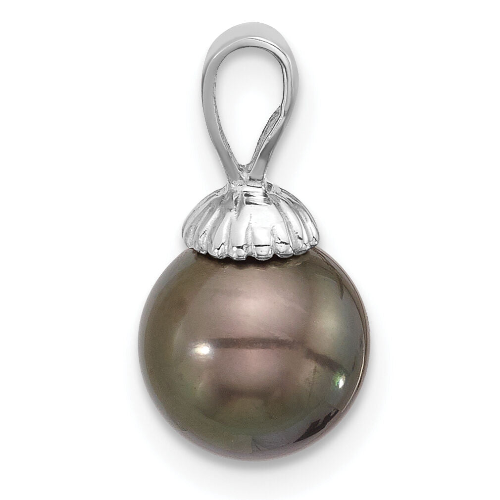 14K White Gold 8-9mm Round Black Tahitian Pearl Pendant-XF832