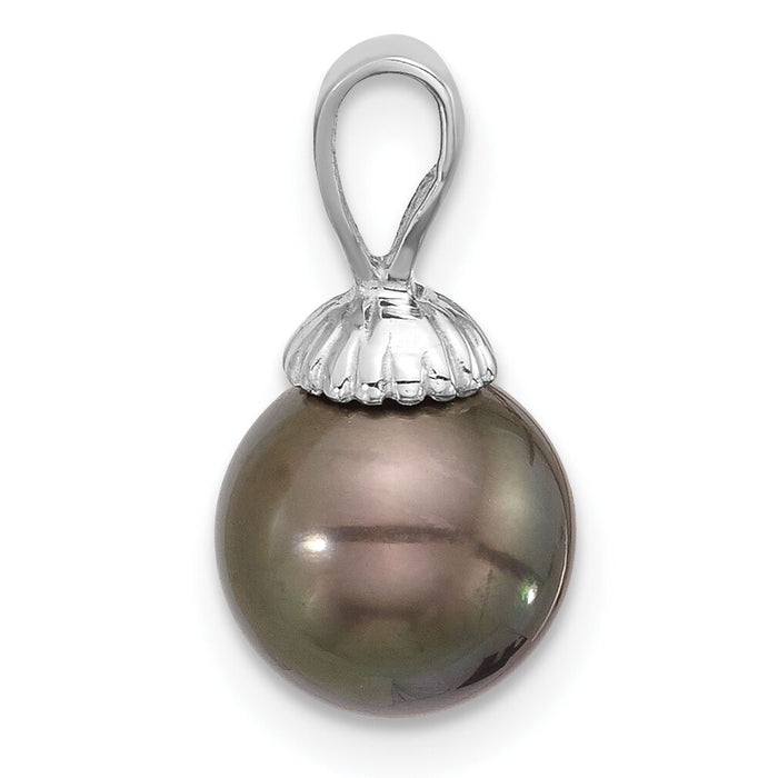 14K White Gold 8-9mm Round Black Tahitian Pearl Pendant-XF832