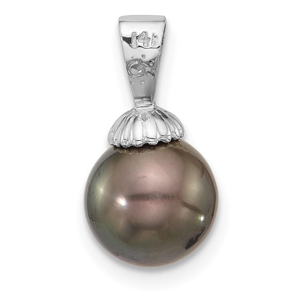 14K White Gold 8-9mm Round Black Tahitian Pearl Pendant-XF832