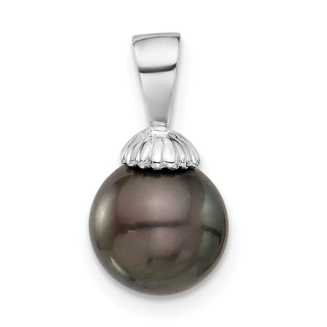 14K White Gold 8-9mm Round Black Tahitian Pearl Pendant-XF832