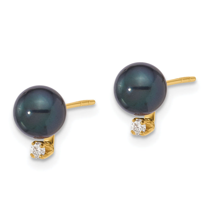 14K 6-7mm Round Black Akoya Pearl and .06ct Diamond Post Earrings-XF834E