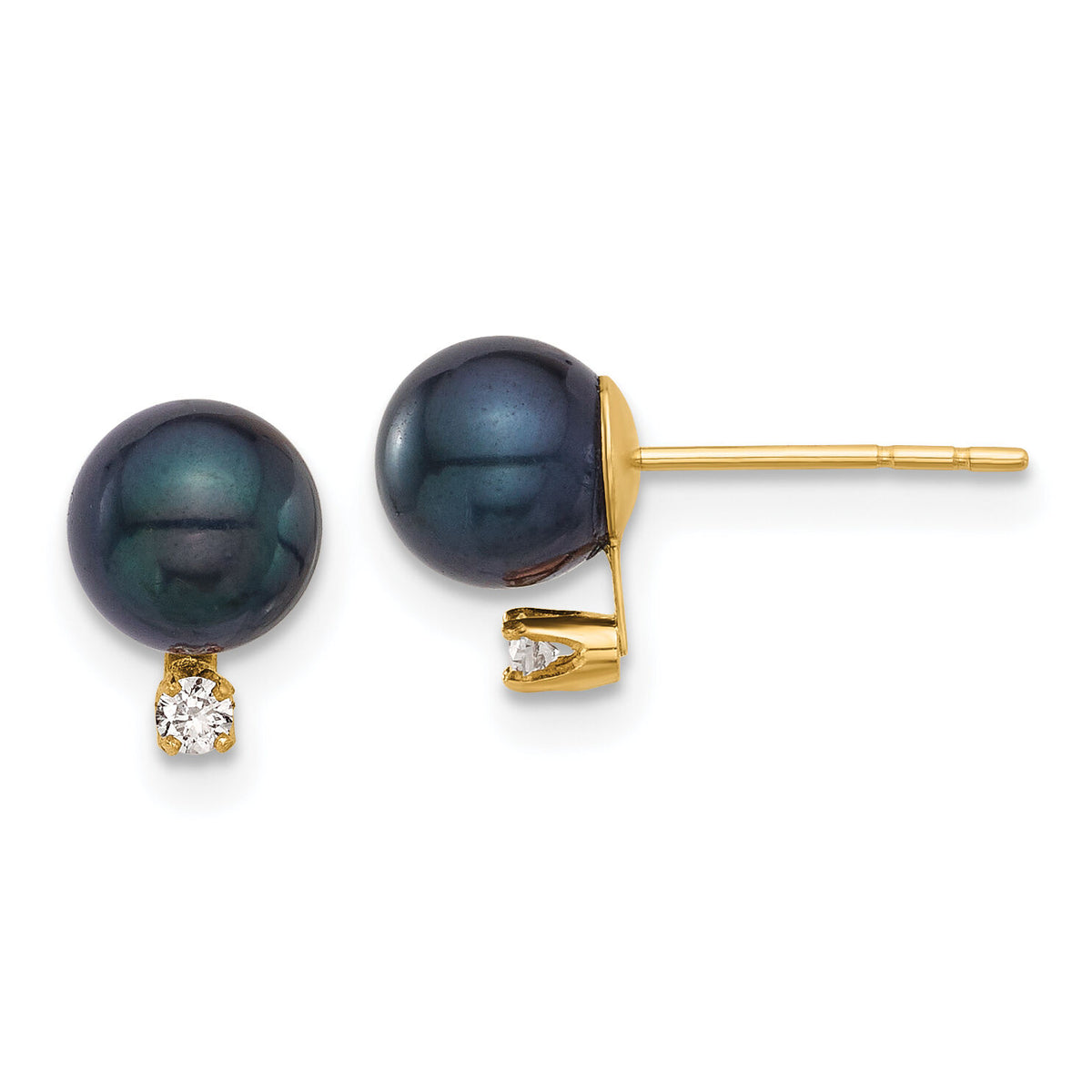 14K 6-7mm Round Black Akoya Pearl and .06ct Diamond Post Earrings-XF834E