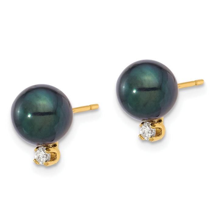 14K 7-8mm Round Black Akoya Pearl and .10ct Diamond Post Earrings-XF835E