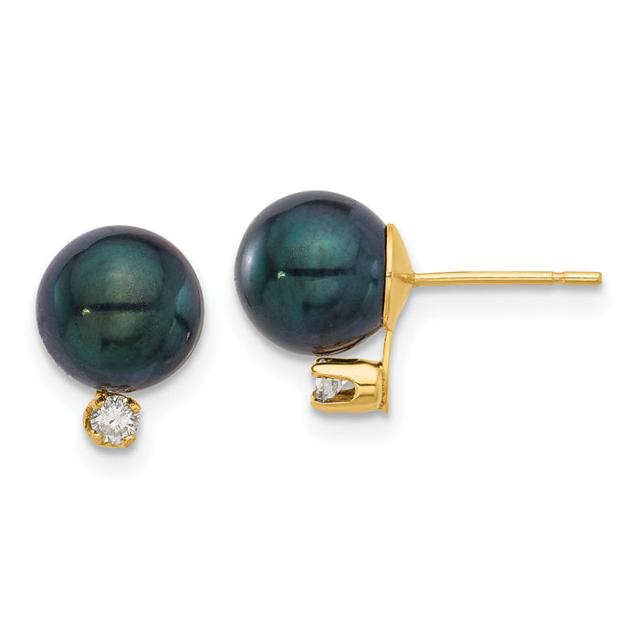14K 7-8mm Round Black Akoya Pearl and .10ct Diamond Post Earrings-XF835E