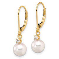 14K 7-8mm Round White Akoya Pearl .10ct Dia Dangle Leverback Earrings-XF836E
